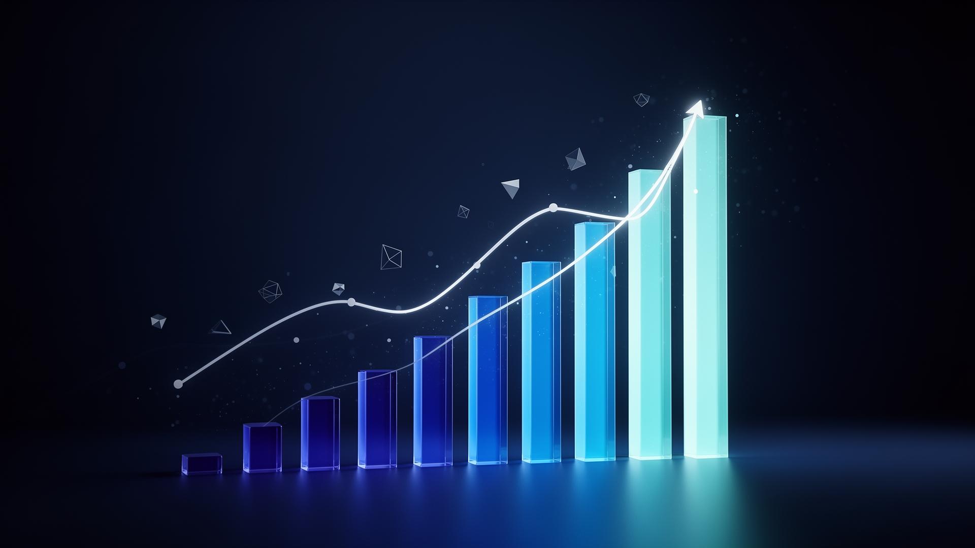 Abstract glass bar chart trending upward in iris blue